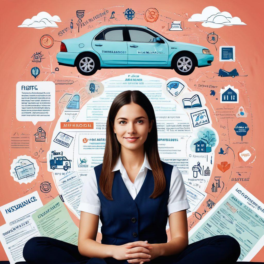 A visually engaging collage showing a thoughtful person reviewing various insurance policies with quotes floating around them, paired with an illustration of a helpful claims assistant offering guidance. The background features symbolic icons representing different types of insurance (health, auto, home) intertwined with quotes in elegant typography. A soft, inviting color palette to add warmth and clarity. super-realistic. vibrant colors. digital illustration.