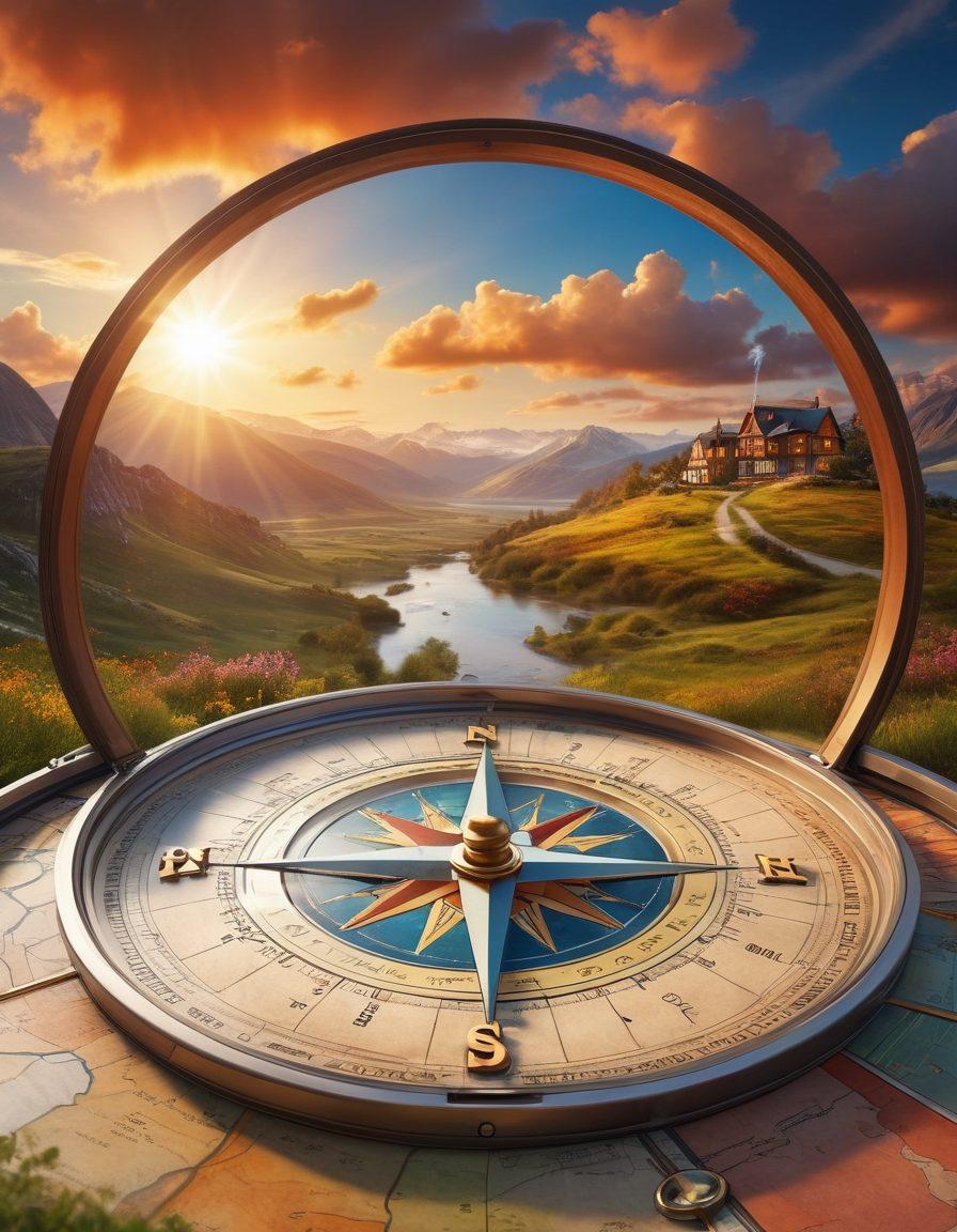 A detailed compass overlaying various insurance symbols (home, car, health, life) on a map filled with winding paths and choices. A person is thoughtfully studying the compass while surrounded by icons representing coverage options. Sunlight breaks through clouds, symbolizing clarity and guidance in decision-making. The background should feature a beautiful landscape to evoke a sense of exploration. vibrant colors. super-realistic.