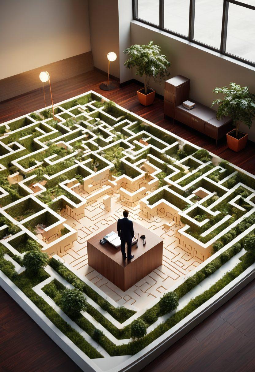 A professional-looking individual carefully analyzing a maze made of insurance policy documents, symbolizing the complexity of risk management. In the background, various insurance icons float above, representing different types of coverage. The lighting is focused on the maze, illuminating the intricacies. Include a modern office setting to enhance the theme of expertise and consultation. super-realistic. vibrant colors. 3D.